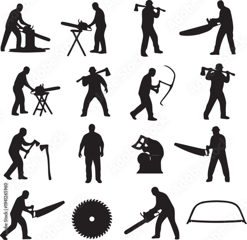 Set of black silhouettes representing professional lumberjacks using chainsaws and axes for woodcutting and forestry operations