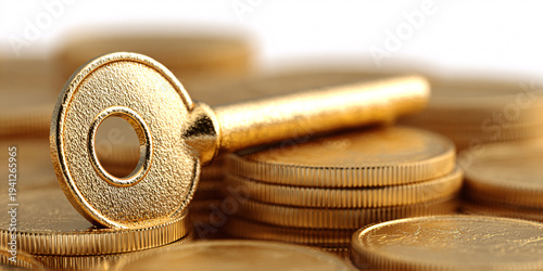 Golden key resting on stacks of gold coins, symbolizing wealth, success, and financial opportunity