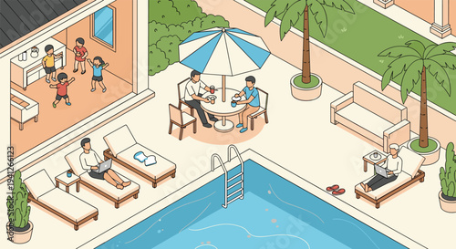 Isometric backyard scene showing people relaxing by a swimming pool, working on laptops, and children playing inside a modern house.