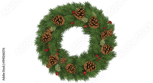 Festive green Christmas wreath decorated with natural brown pine cones and small red berries isolated on a clean white background.