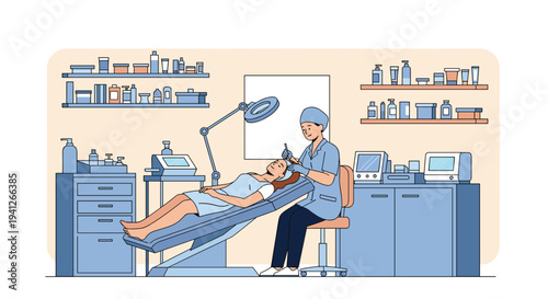 Modern dermatology clinic interior where a professional medical doctor performs a specialized skin treatment on a female patient.