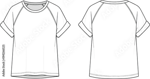 White raglan short sleeve t-shirt technical fashion flat sketch vector template with rolled cuffs front and back view for design