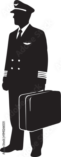 Pilot silhouette in uniform with briefcase standing by looking confident airline professional travel occupation