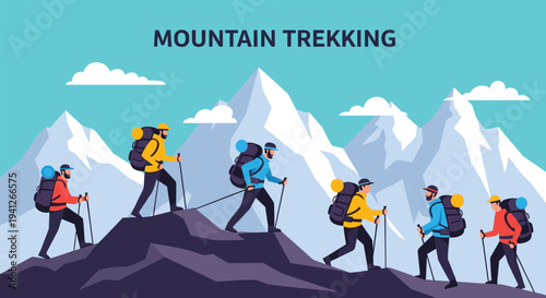 Group of adventurous hikers trekking across a beautiful snowy mountain landscape with heavy backpacks and professional gear.