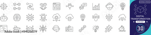 digital transformation icon set: technology, innovation, cloud, data, automation, strategy, future, business, network, modernization; editable line icons, vector illustration.