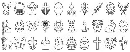 Large set of linear Easter-themed icons in an outline style on a white background. Vector illustration.