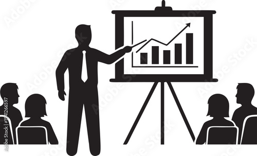 Business presentation silhouette with presenter pointing at growth chart for audience seminar training session