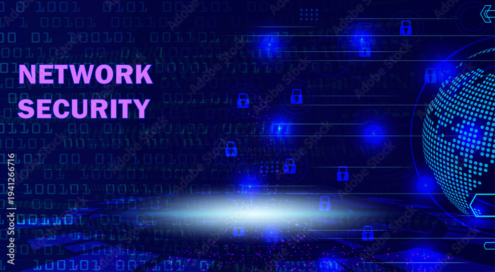 Obraz premium Network security technology background with padlock icons and binary code for cyber protection web banner