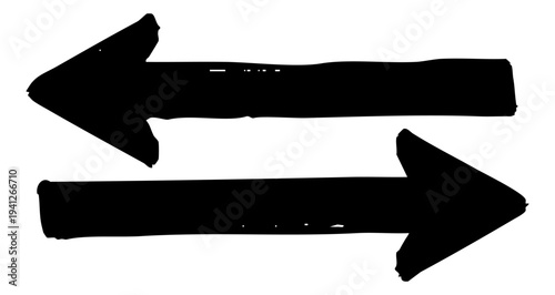 Two horizontal black arrows drawn with wide strokes and uneven texture, pointing in opposite directions on a white background. Vector illustration.