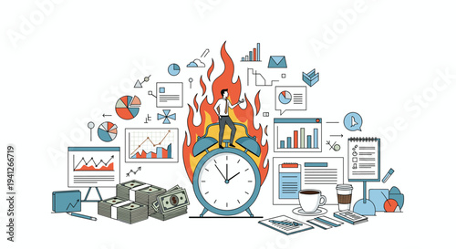 Abstract business concept illustration showing a man standing on a burning alarm clock surrounded by financial data and money.