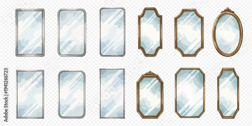 Set of various vintage and modern mirrors with wooden and metal frames, isolated on a transparent background.