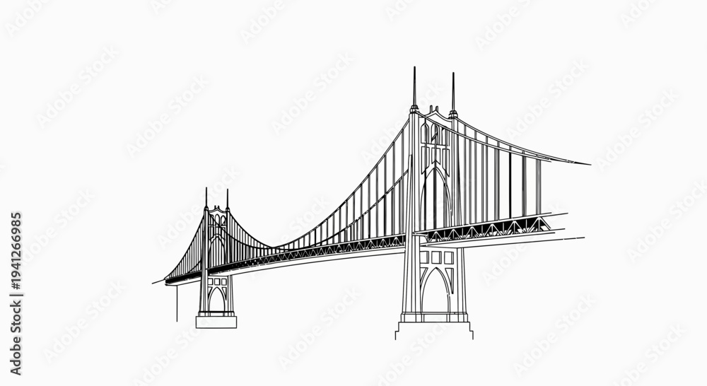Obraz premium St. Johns Bridge, Portland, Oregon - Black and White Line Drawing Illustration