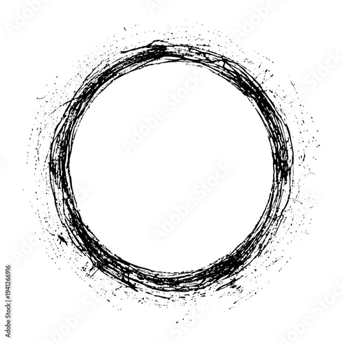 Black round frame hand-drawn with chaotic, thin lines creating a nest or sketch effect on a white background. Vector illustration.