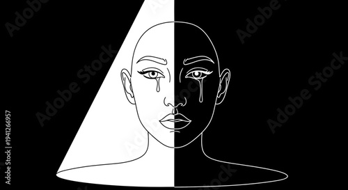 Split Face Black and White Contrast, Emotional Portrait, Sadness and Light Concept