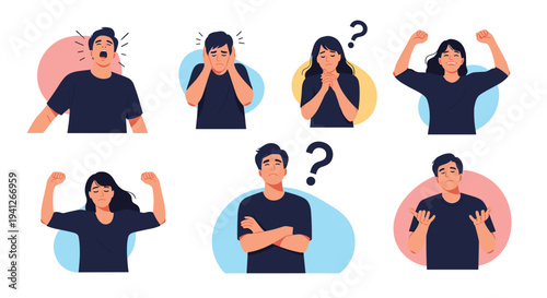 Diverse collection of simple character avatars expressing a wide range of human emotions from extreme happiness to sadness.