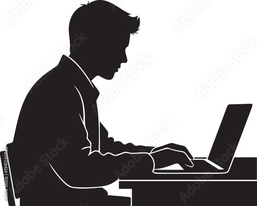 Silhouette of man working on laptop computer typing on keyboard seated at desk with transparent checkered background