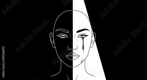 Split Face Portrait: Black and White Contrast, Emotional Duality, Dramatic Lighting