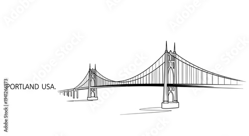 St. Johns Bridge Portland USA Black and White Sketch Drawing