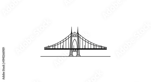 St. Johns Bridge Silhouette, Portland Oregon Landmark, Minimalist Line Art Drawing