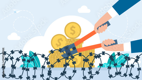 Hands cutting barbed wire with bolt cutters to reach gold dollar coins, concept of breaking financial barriers, overcoming sanctions and economic freedom in flat style. Vector illustration.