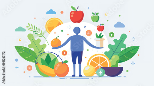 Healthy Lifestyle Nutrition Wellness Fruits Vegetables Illustration.eps