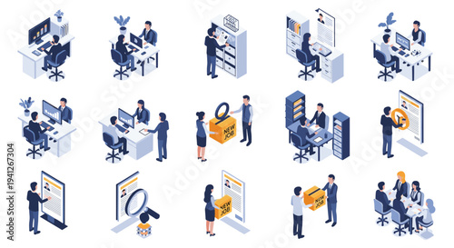 Extensive collection of isometric business icons depicting various office tasks, job interviews, and human resource processes.