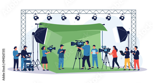 Professional movie production set with a film crew operating cameras and lighting equipment against a large green screen studio.