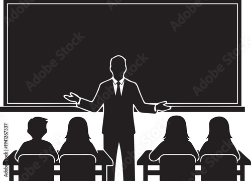 Teacher silhouette standing before blackboard presenting to diverse group of students in classroom setting educational concept