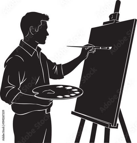 Professional male artist silhouette painting on large canvas with brush and palette in studio environment creative art workshop
