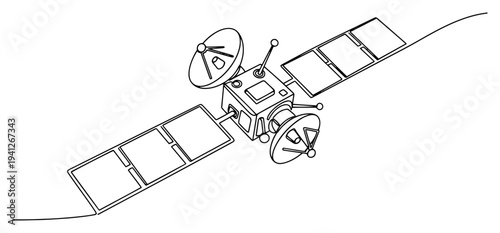 Single continuous line drawing of a space satellite with solar panels orbiting in space