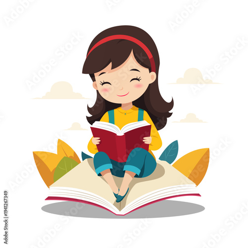 Little girl with red headband sitting on giant open book reading red storybook with leaves and clouds background