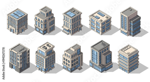 Set of ten modern isometric office building illustrations featuring glass windows, contemporary architecture, and solar panels.