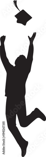 Happy student silhouette jumping high in air celebrating graduation while throwing mortarboard cap up after academic ceremony