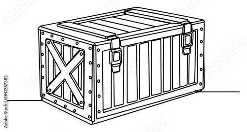 Continuous line drawing of a heavy duty wooden shipping crate with metal reinforcements