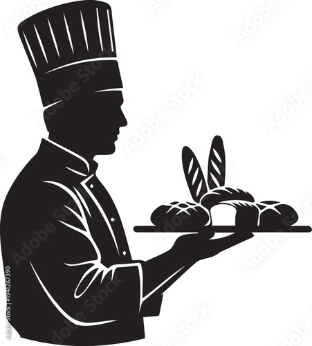 Male chef silhouette wearing tall hat holding tray of freshly baked bread loaves and baguettes in bakery kitchen environment