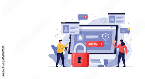 Cybersecurity and internet safety concept showing a computer screen with a banned message and a giant red security padlock.