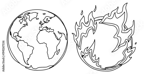 Continuous line drawing of planet earth globe next to a burning world in flames
