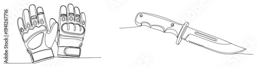 Continuous one line drawing of tactical gloves and survival combat knife