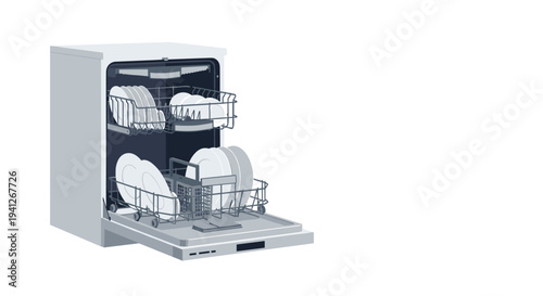 Modern white kitchen dishwasher shown with its front door open and filled with two racks of clean white plates and dishes.