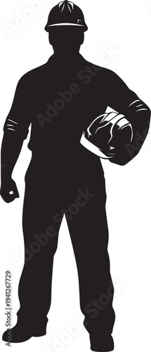 Silhouette of construction worker wearing hard hat and safety gear standing confidently while holding secondary protective helmet