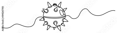 Minimalist continuous line drawing of a naval sea mine with spikes underwater