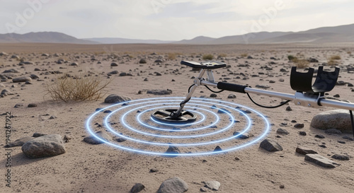 Metal detector searching for treasures in desert landscape