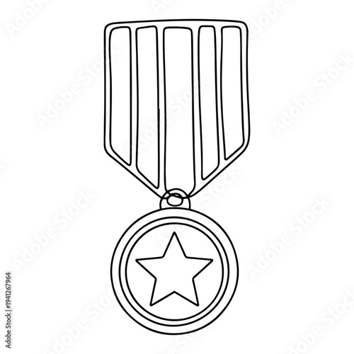 Continuous one line drawing of a military medal with a star for bravery and honor