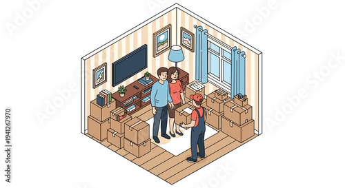 Isometric home interior showing a young couple and a delivery worker with many cardboard boxes during a moving day process.
