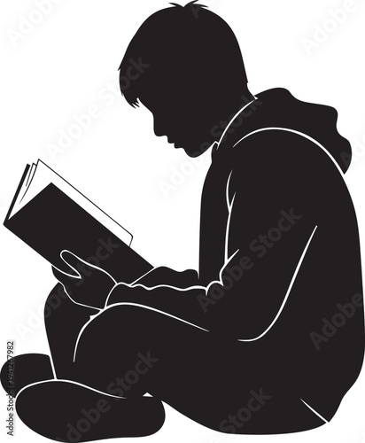 Silhouette of young boy sitting and reading a book, focused on literature on a transparent background, side view