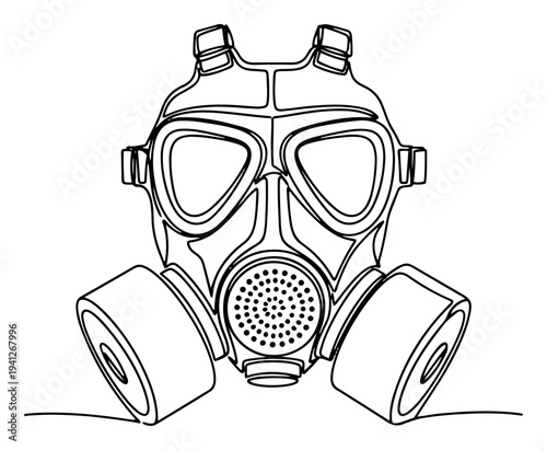 Single continuous line drawing of a gas mask respirator for chemical protection