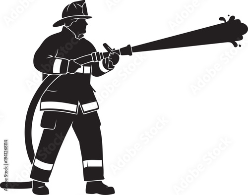 Firefighter spraying water hose, emergency service, fighting fire, rescue worker, safety profession, active duty, brave hero.