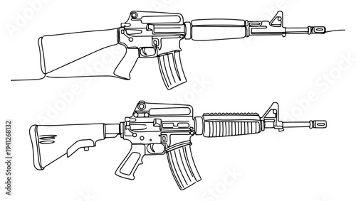 Continuous one line drawing of modern tactical assault rifles in minimalist profile style