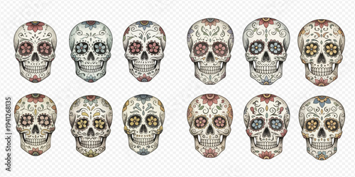 Collection of colorful sugar skulls for Day of the Dead celebration, featuring intricate floral designs and traditional Mexican folk art.