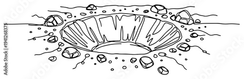 Impact crater on the ground with rocks illustrated in single line style